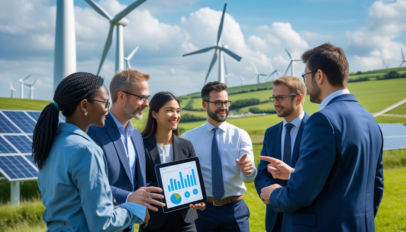 A group of professionals discussing near wind turbines and solar panels in a green UK countryside setting.