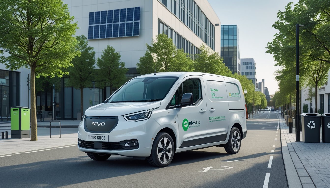 An electric van parked on a clean city street with green trees and sustainable urban features in the background.