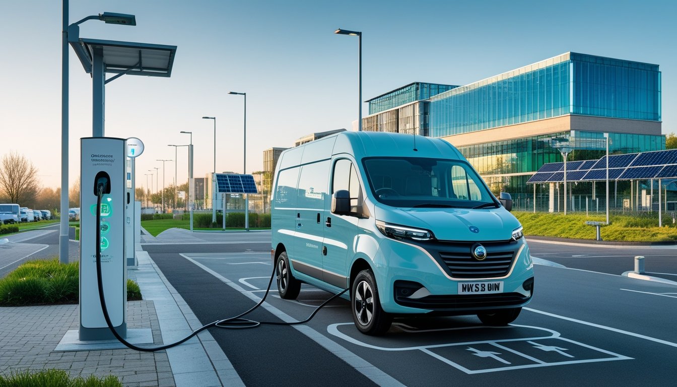 An electric delivery van charging at a station in a UK urban area with sustainable buildings and green spaces in the background.