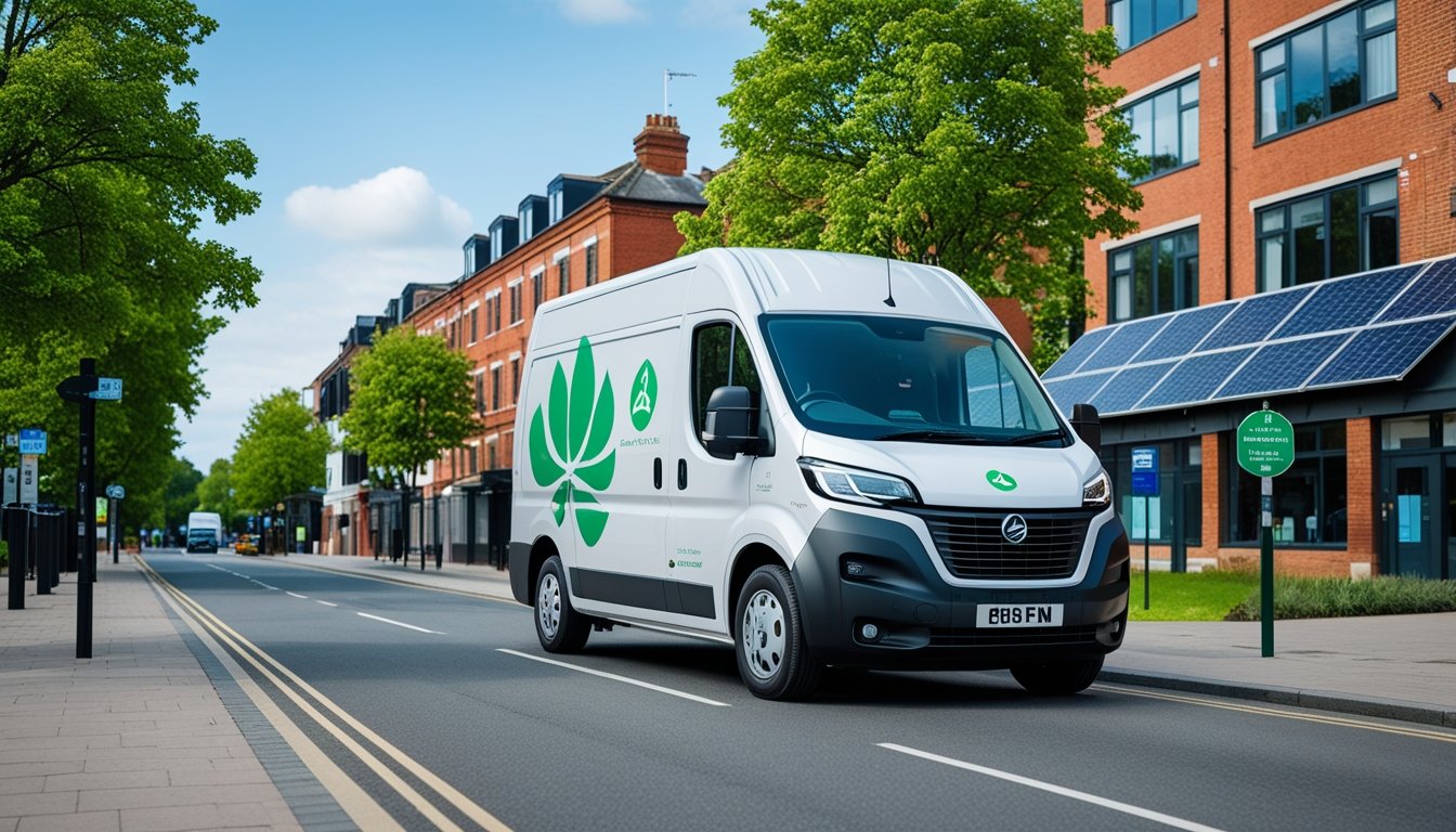 An electric delivery van driving on a clean UK city street with green trees and solar panels on buildings in the background.