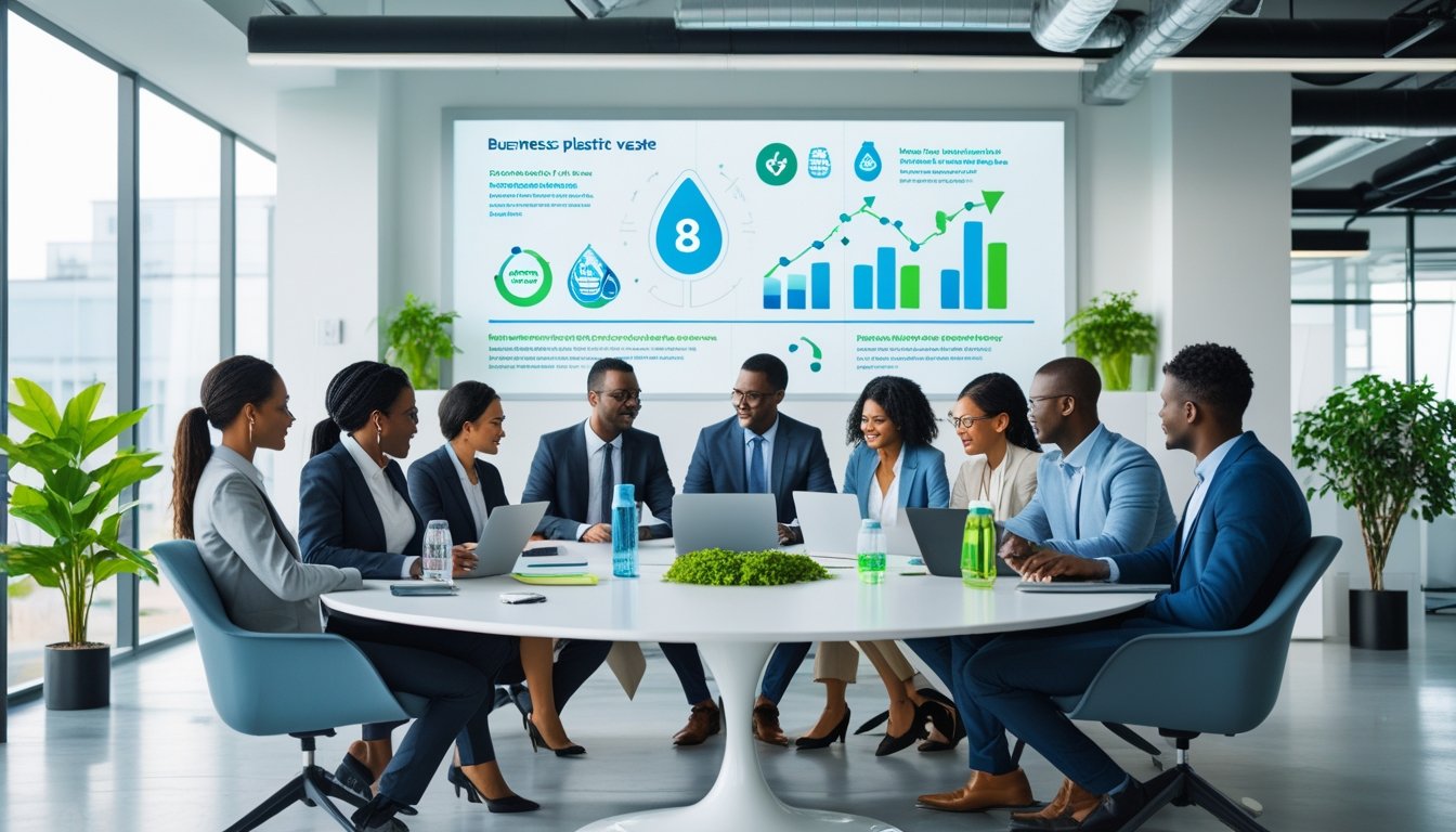 A group of business professionals working together around a table with laptops and eco-friendly materials in a bright office, discussing sustainability and plastic waste reduction.