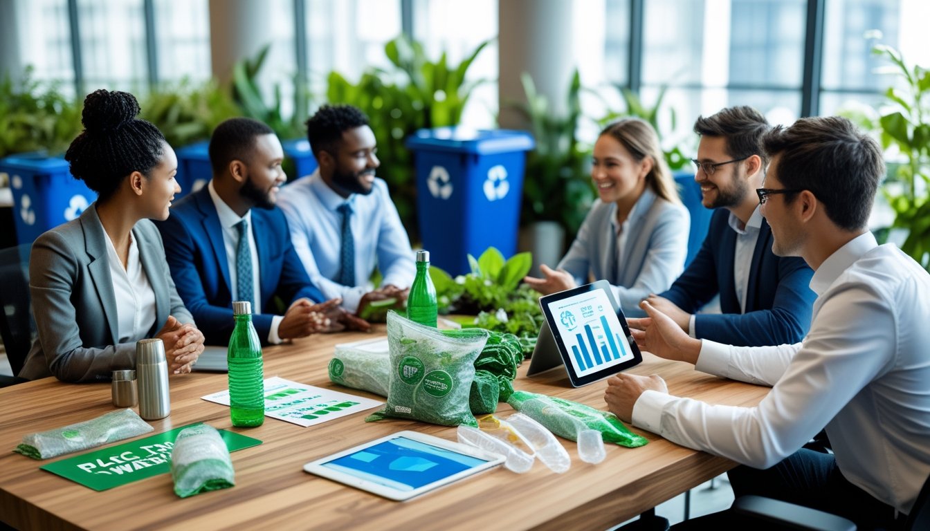 A group of business professionals discussing eco-friendly materials and recycling in a bright office with plants and recycling bins.