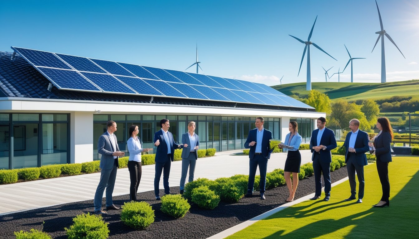 Modern commercial building with solar panels on the roof, business professionals discussing outside, wind turbines in the background, and green trees around.