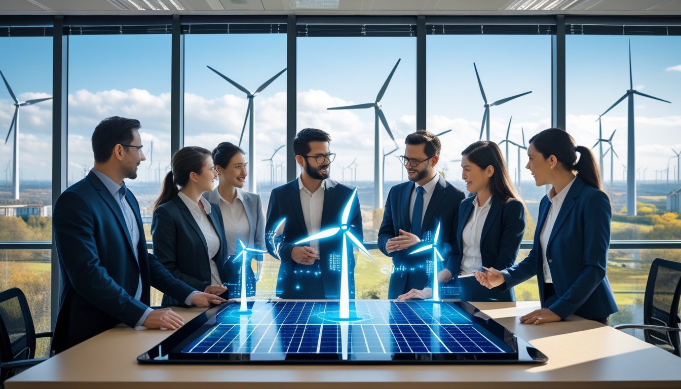 Business professionals discussing renewable energy technology in a modern office with a city view showing wind turbines and solar panels.
