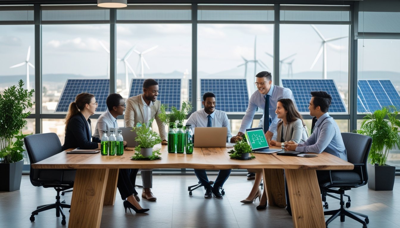 Business professionals collaborating in an office with plants and laptops, with solar panels and wind turbines visible outside.