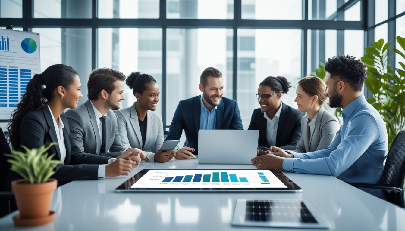 A group of business professionals working together in an office with plants and eco-friendly items, discussing sustainability strategies.