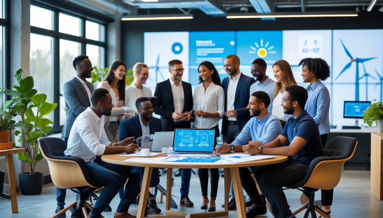A diverse group of business leaders collaborating in a modern office with plants and renewable energy visuals.