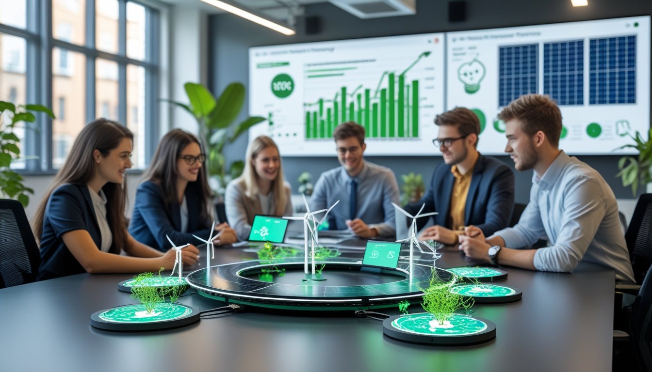 A group of young professionals working together in an office with eco-friendly technology models and digital screens showing green energy data.