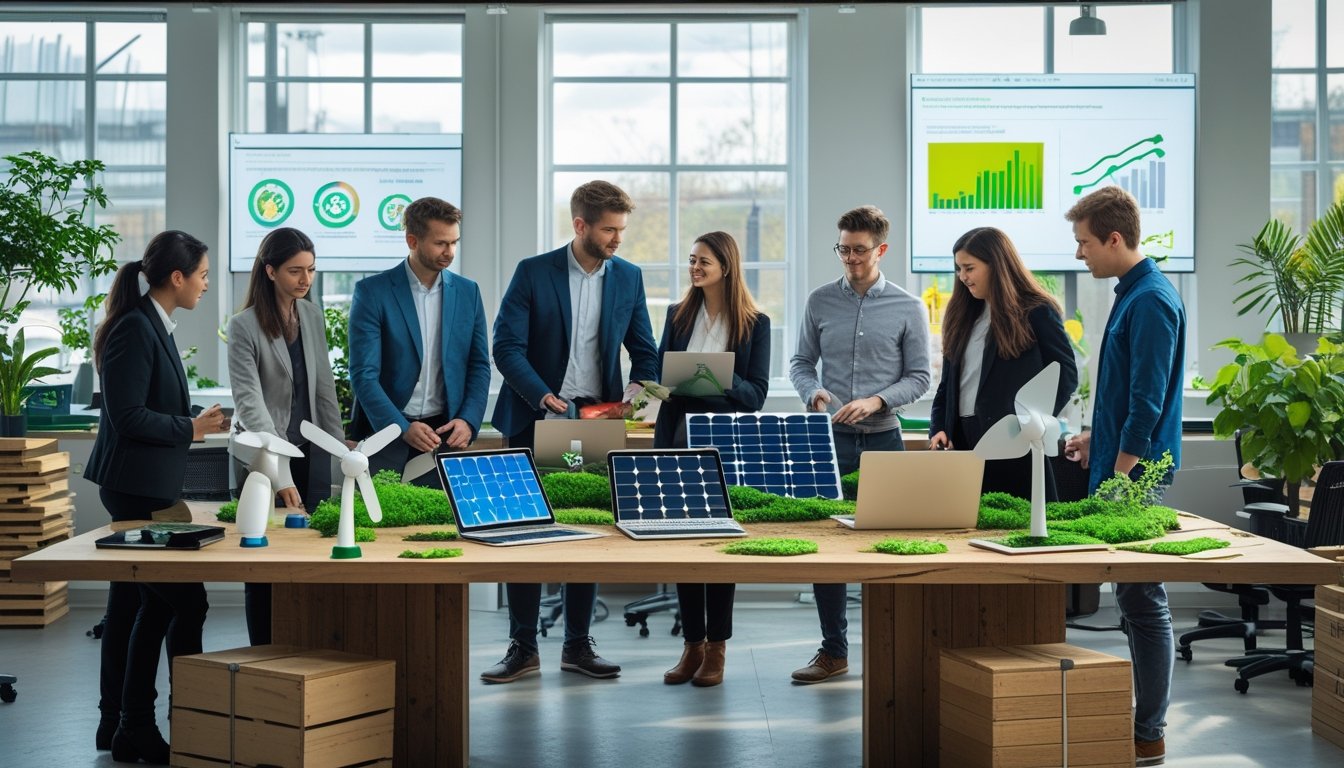 A group of people working together in a bright office with eco-friendly technology prototypes and green plants around them.