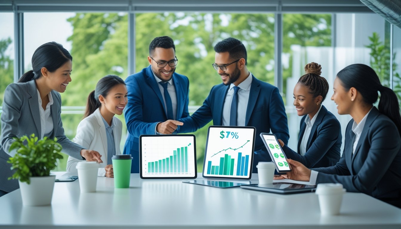 Business professionals collaborating in a bright office with plants and digital devices showing financial and sustainability data.