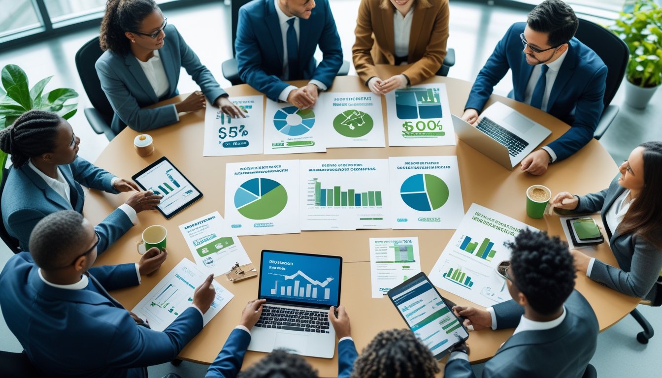 A group of business professionals having a meeting around a table with laptops and documents in a bright office with plants.