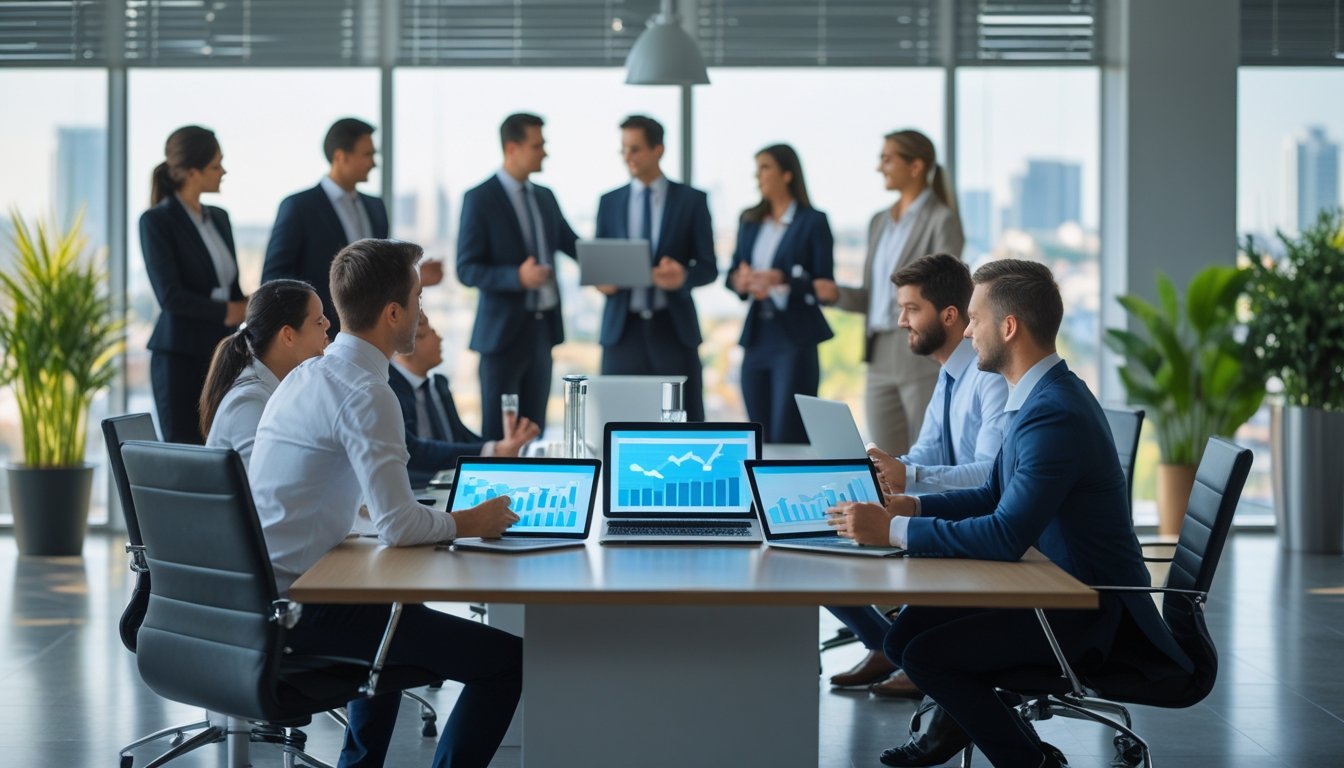 Business professionals working together around a table with laptops and tablets, discussing water conservation strategies in an office with plants and a water dispenser.