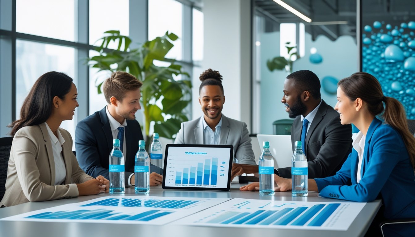 Business professionals in an office meeting, discussing water consumption strategies with charts and eco-friendly items on the table.