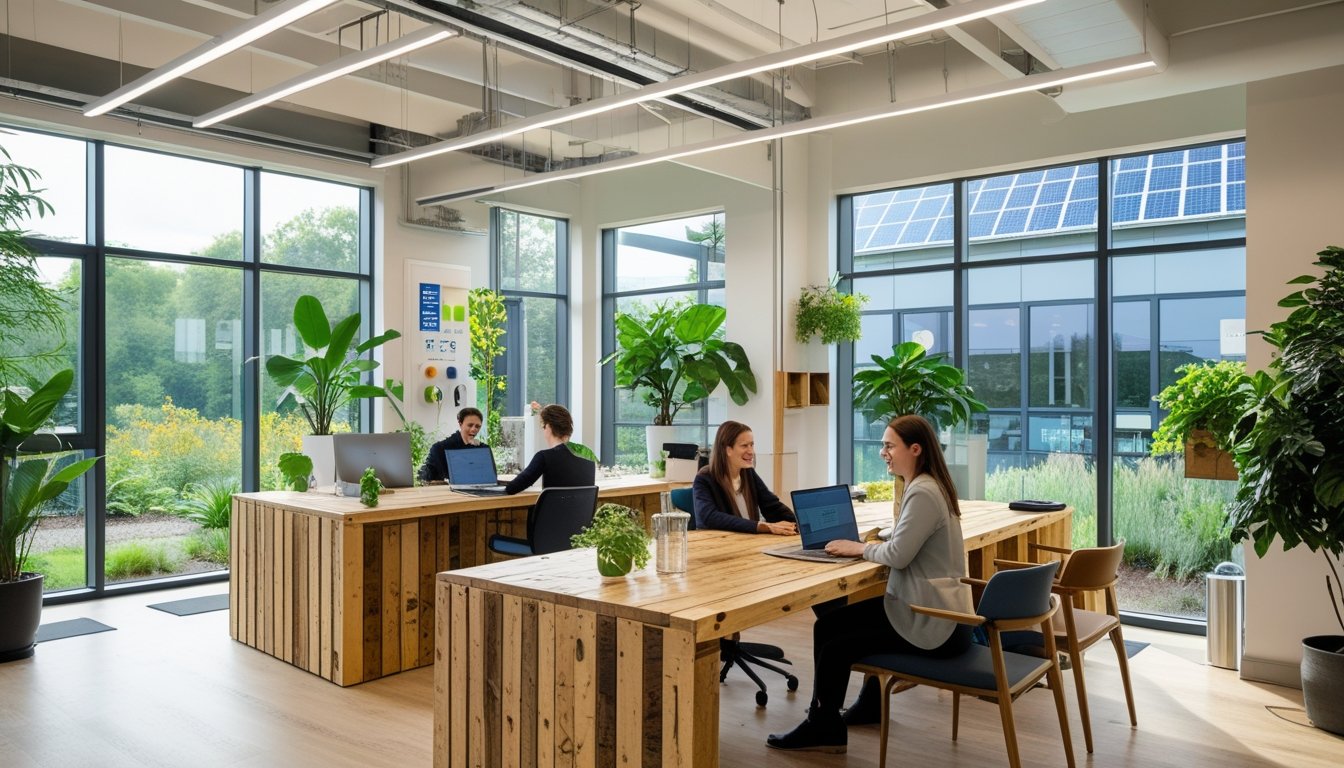 A modern UK office interior with natural light, indoor plants, wooden furniture, and employees working collaboratively.