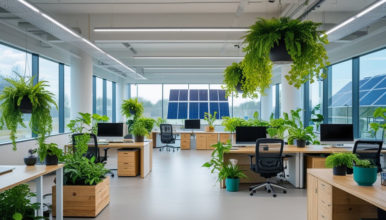 Bright modern office space with large windows, green plants, sustainable furniture, and solar panels visible outside.