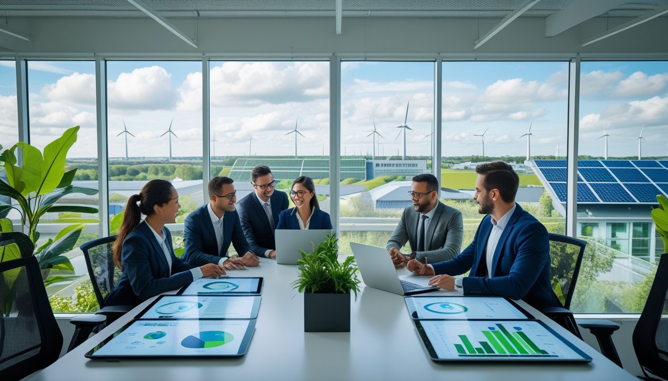 A group of business professionals working together in an office with a city view showing green rooftops, solar panels, and wind turbines.