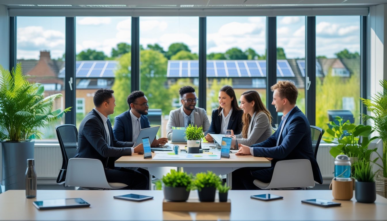 A group of business professionals collaborating around a table in a bright office with plants and a cityscape visible through large windows.