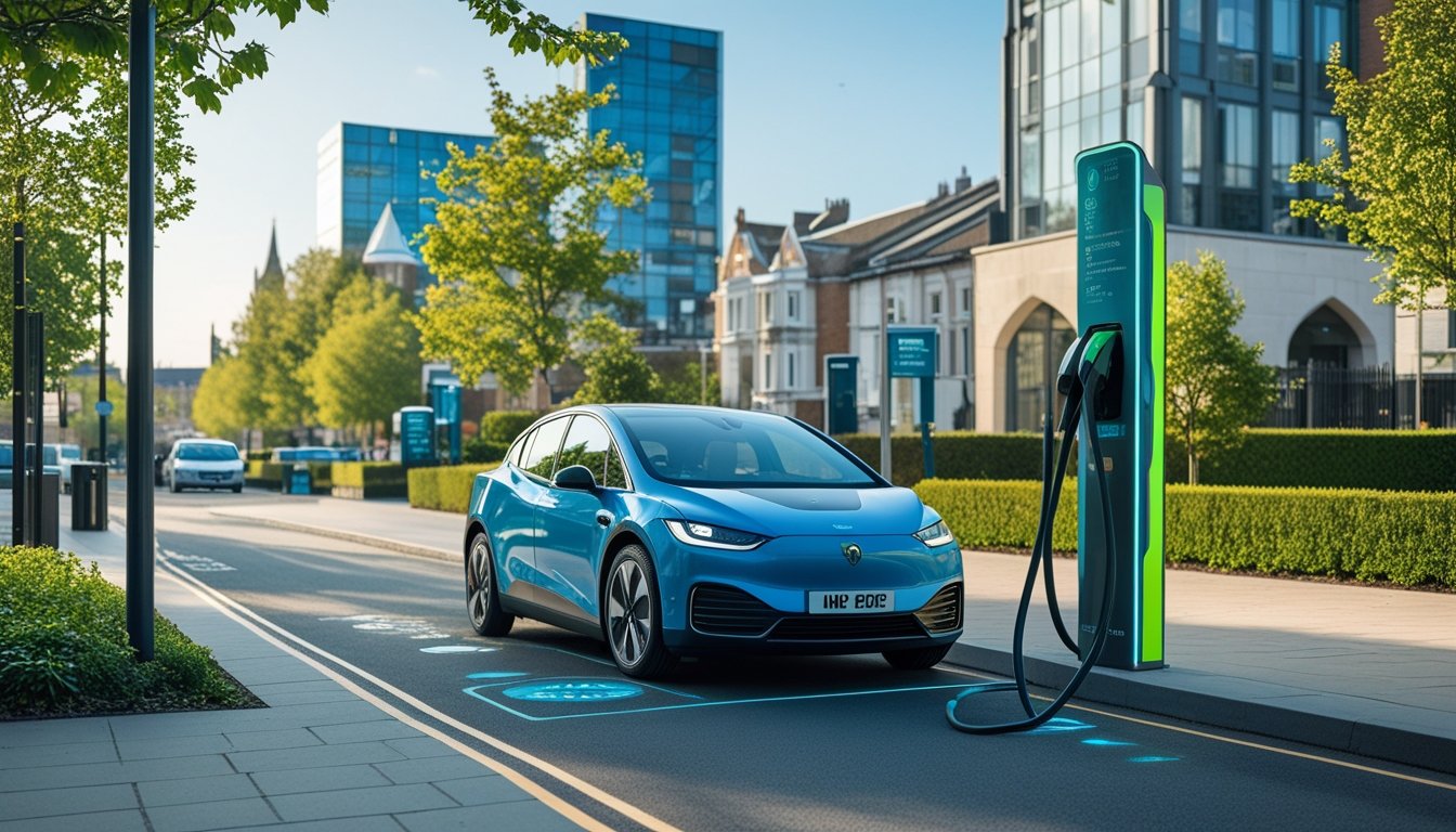 An electric car charging at a public station on a clean UK street with trees and solar panels nearby.