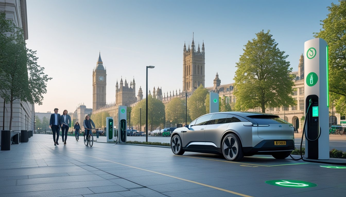 A modern UK street with an electric car charging near a station, surrounded by trees and people walking or cycling.