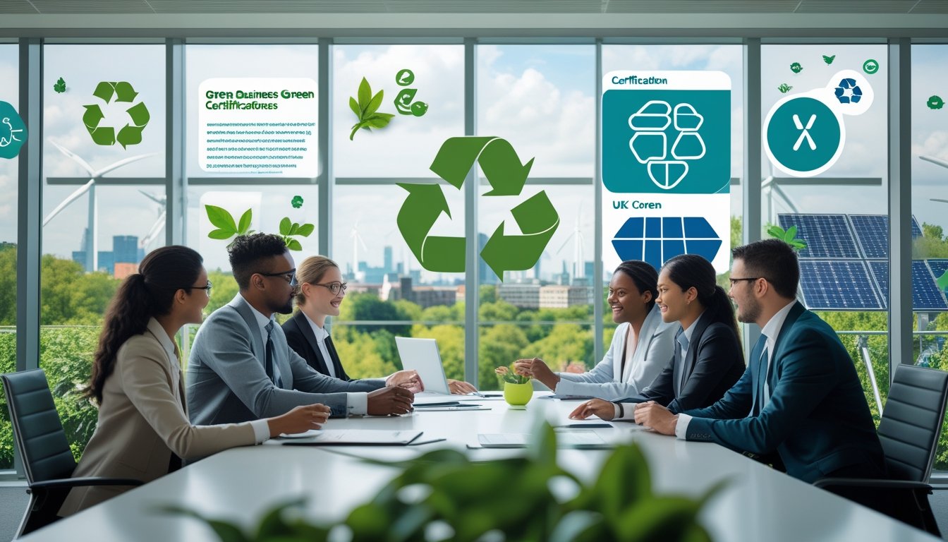 A group of business professionals meeting in a modern office with views of a city, greenery, solar panels, and wind turbines outside.