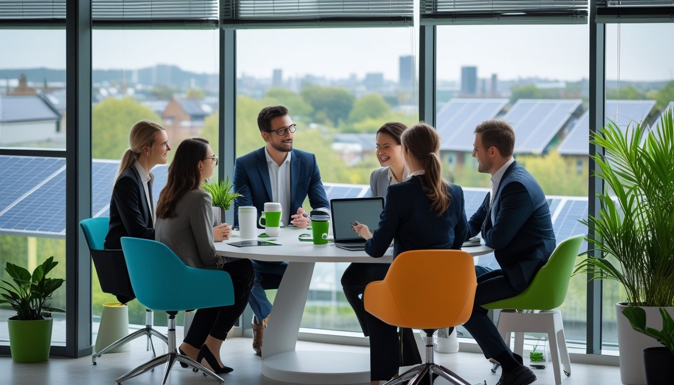 Business professionals discussing in a modern office with plants and eco-friendly items, cityscape with green rooftops visible through windows.