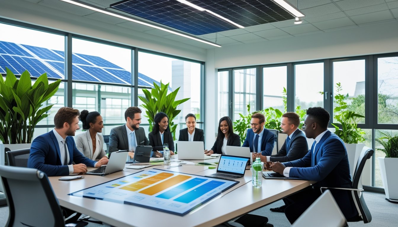 A group of professionals working together in an office with solar panels visible outside and green plants inside.