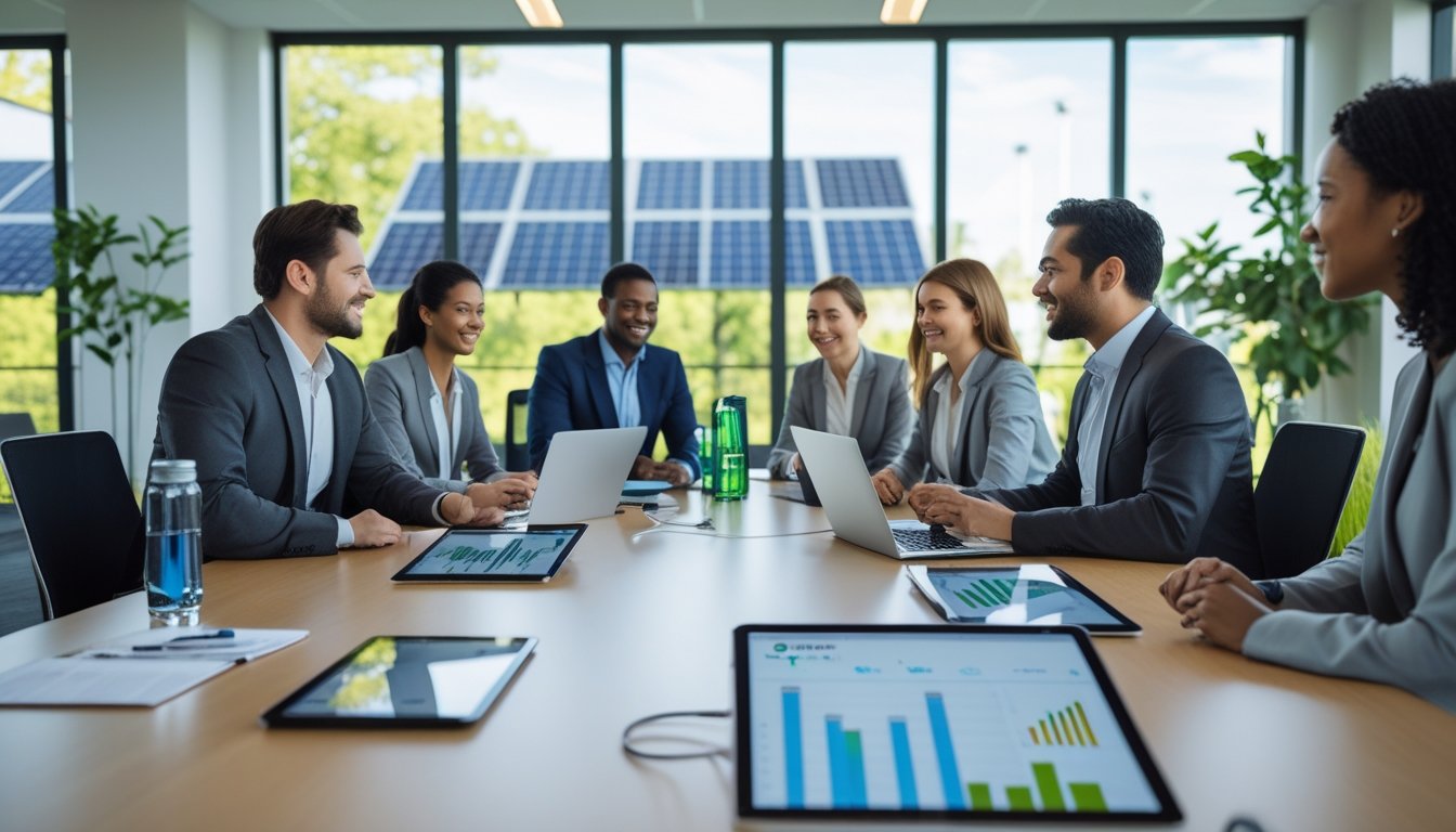 Business professionals in a meeting room discussing energy strategies with solar panels visible outside the window.