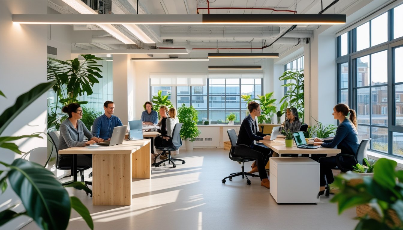 A small office space with natural light, energy-efficient lighting, plants, and people working at desks.