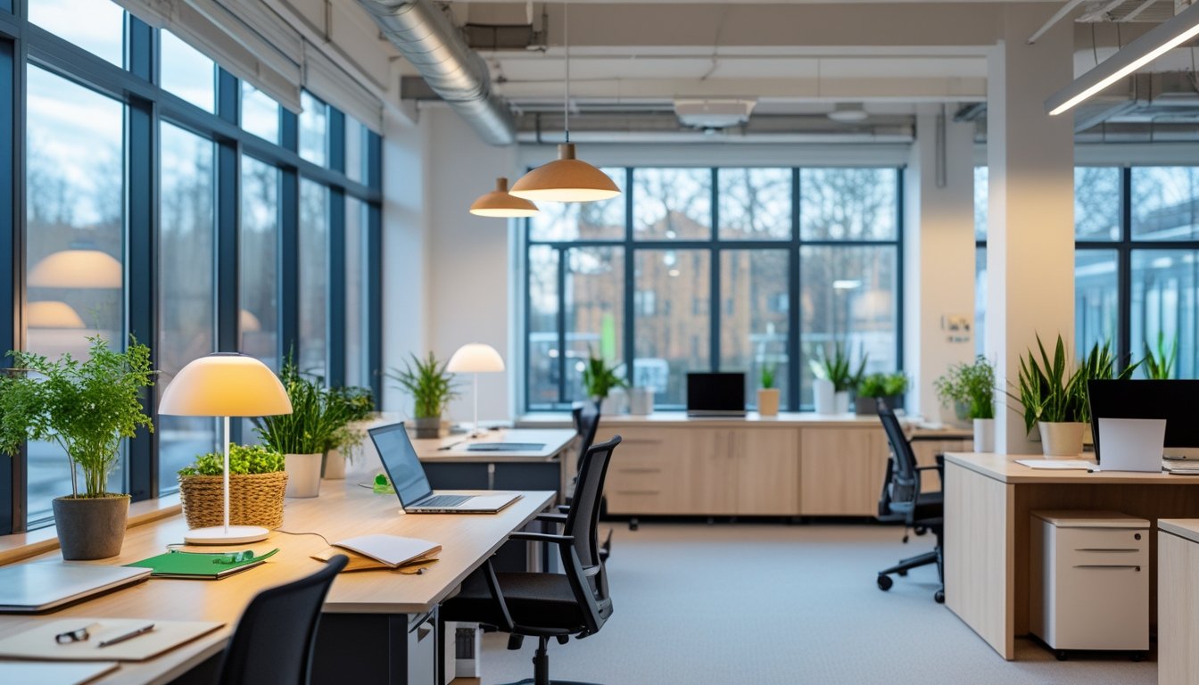 A small office space with natural daylight, LED lighting, desks with plants and laptops, showing an eco-friendly working environment.