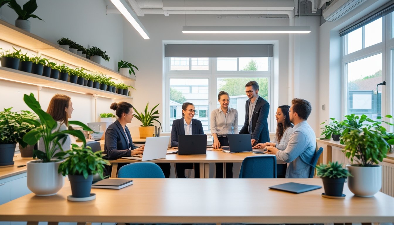 A small office with eco-friendly lighting, green plants, wooden furniture, and people working together around a table.