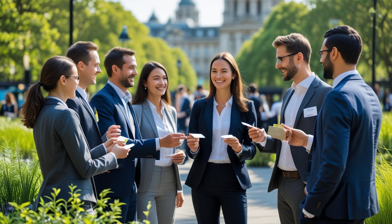 A group of business professionals networking outdoors in a green urban park in the UK.