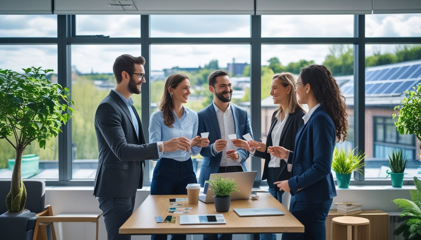 A group of business people networking in a bright office with plants and eco-friendly items, with a city view featuring green rooftops.