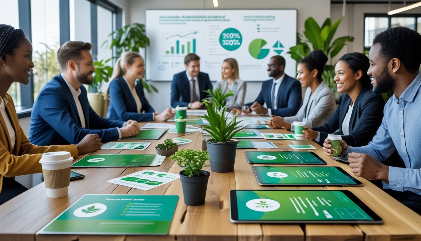 A group of UK business professionals collaborating around a table with eco-friendly marketing materials and digital devices in a bright office with plants and natural light.