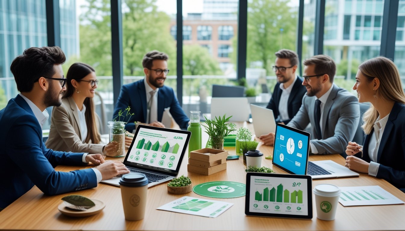 A group of business professionals working together around a table with eco-friendly materials and digital devices in a bright office with a cityscape and greenery visible through large windows.