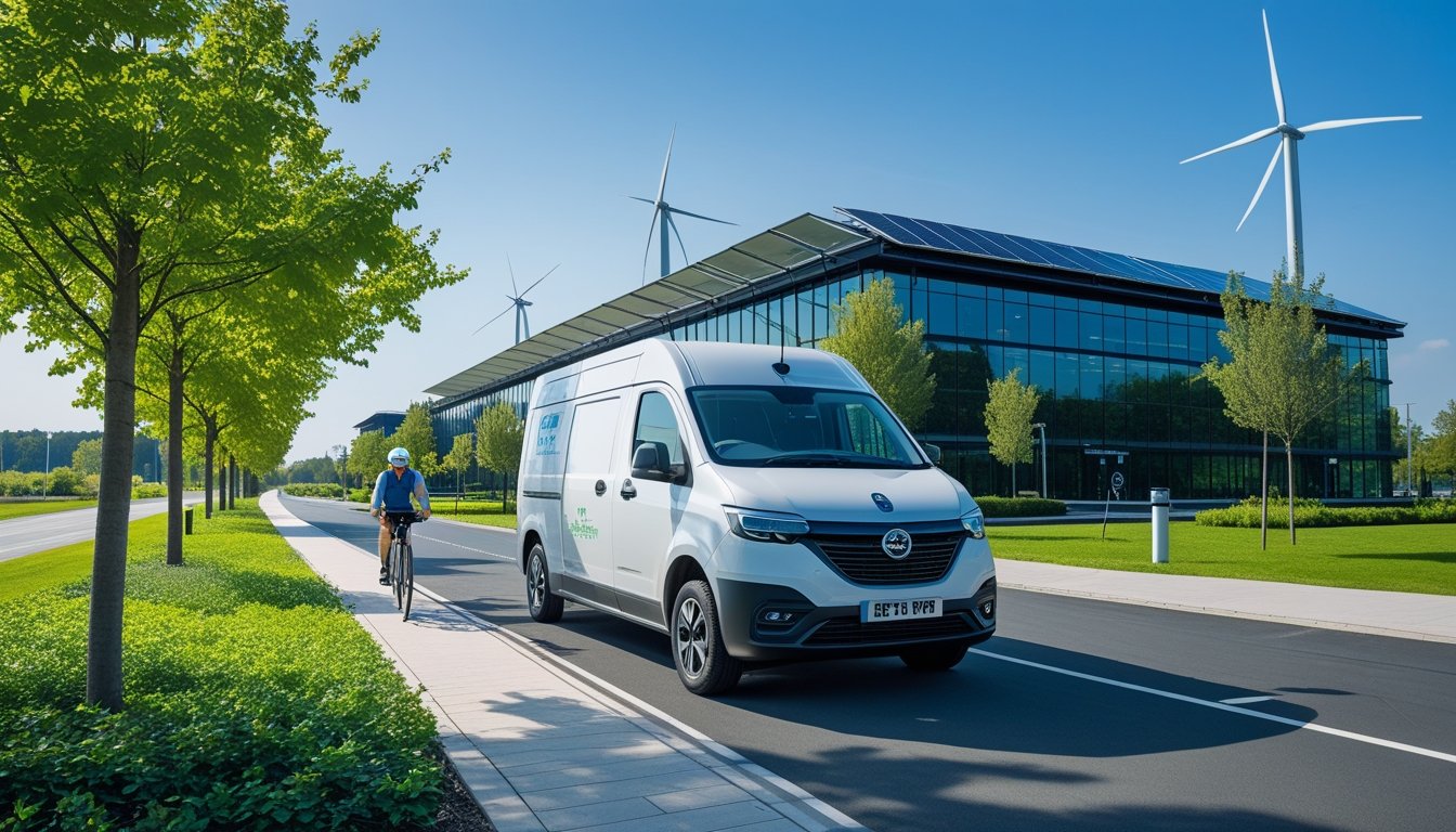 An electric delivery van parked outside an office building with solar panels, a cyclist on a bike lane, and wind turbines in the distance under a clear sky.