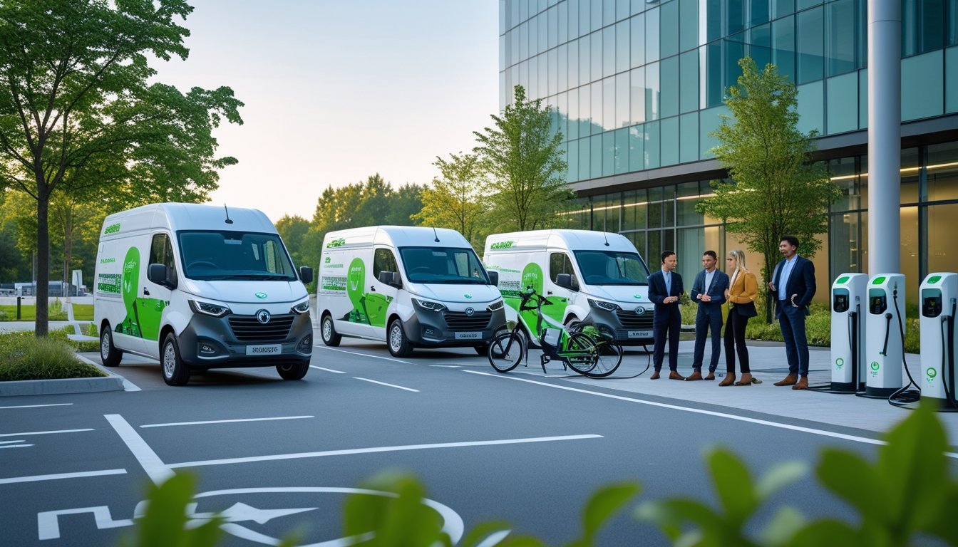 Business professionals discussing near electric delivery vans and cargo bikes outside a modern office building with green spaces and bicycle lanes.