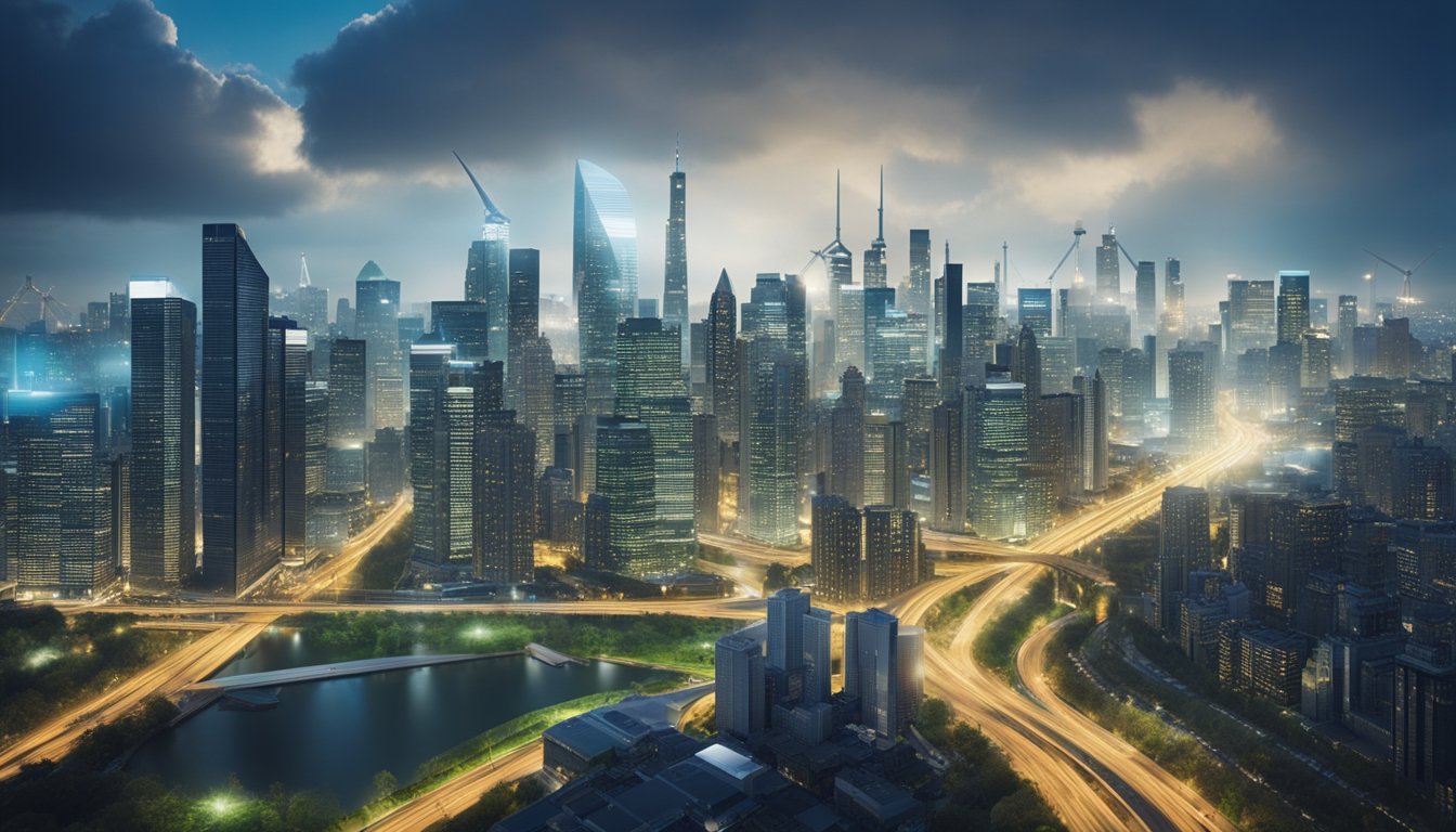 A bustling city skyline with renewable energy sources powering modern buildings and transportation, symbolizing the integration of green technology for business growth