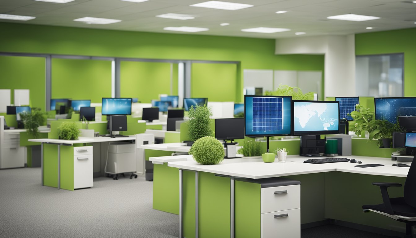 A bustling office environment with modern green technology integrated into daily operations, such as solar panels, energy-efficient lighting, and recycling bins