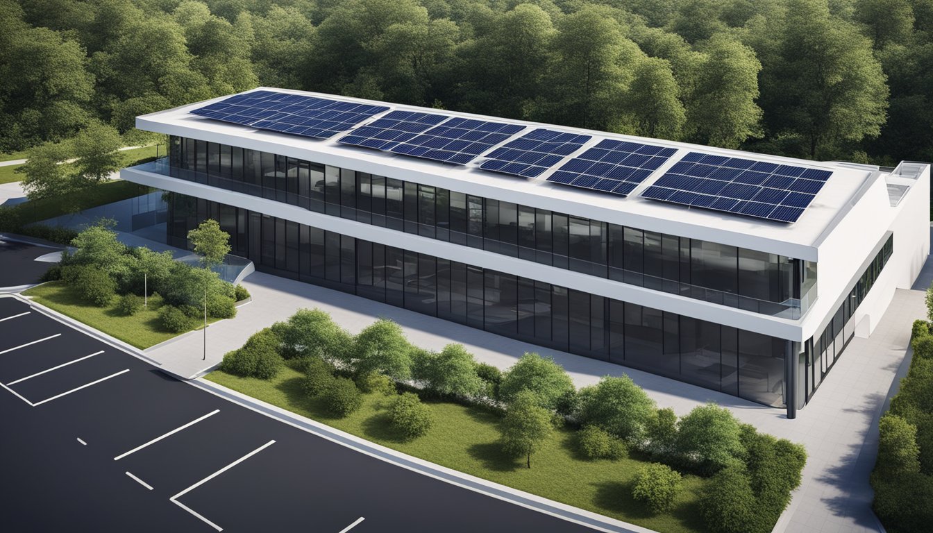 A modern office building with EV charging stations in the parking lot, surrounded by greenery and solar panels on the roof