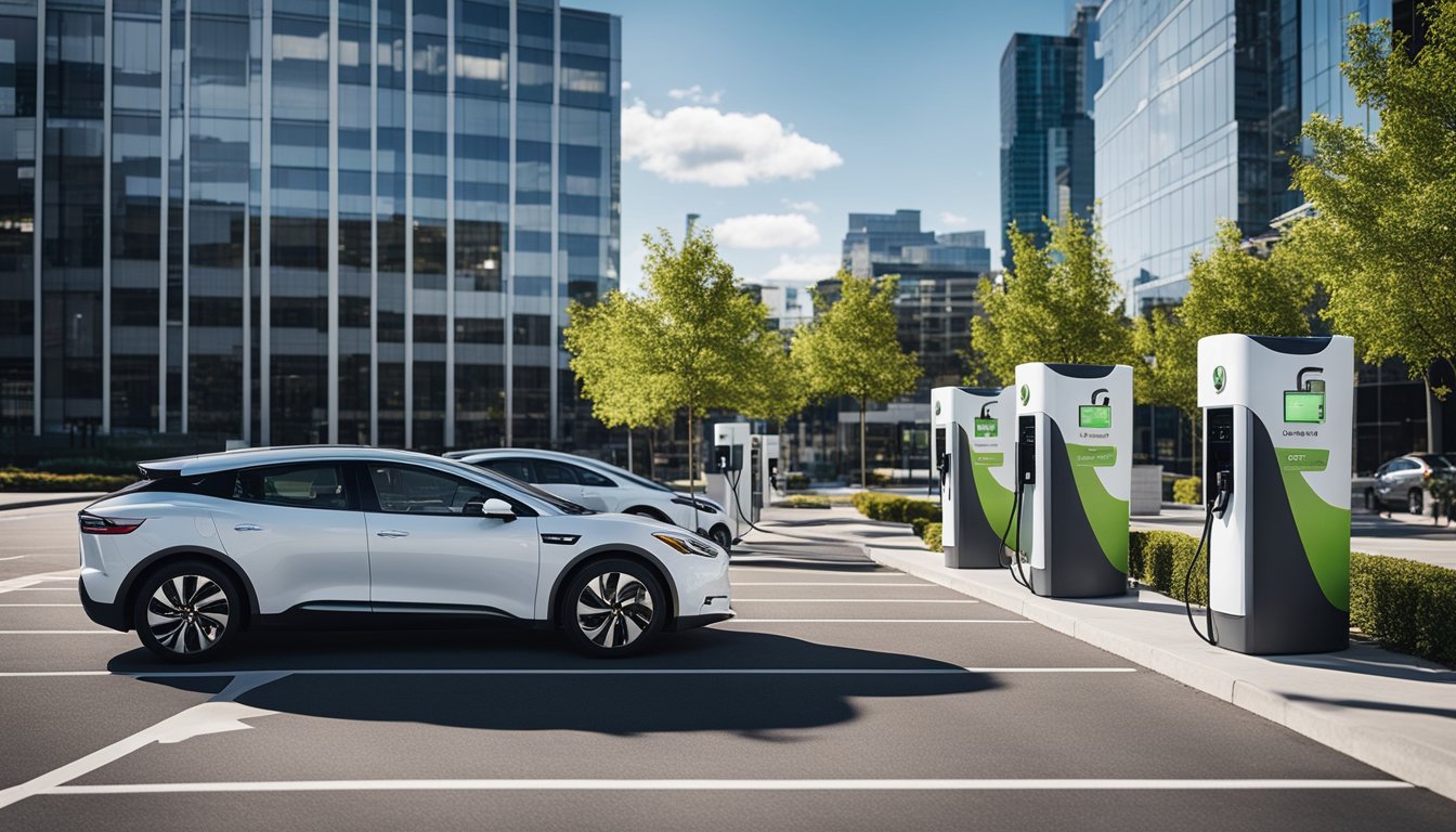 A parking lot with multiple EV charging stations, surrounded by office buildings. Signs display incentives and advantages of using EV charging