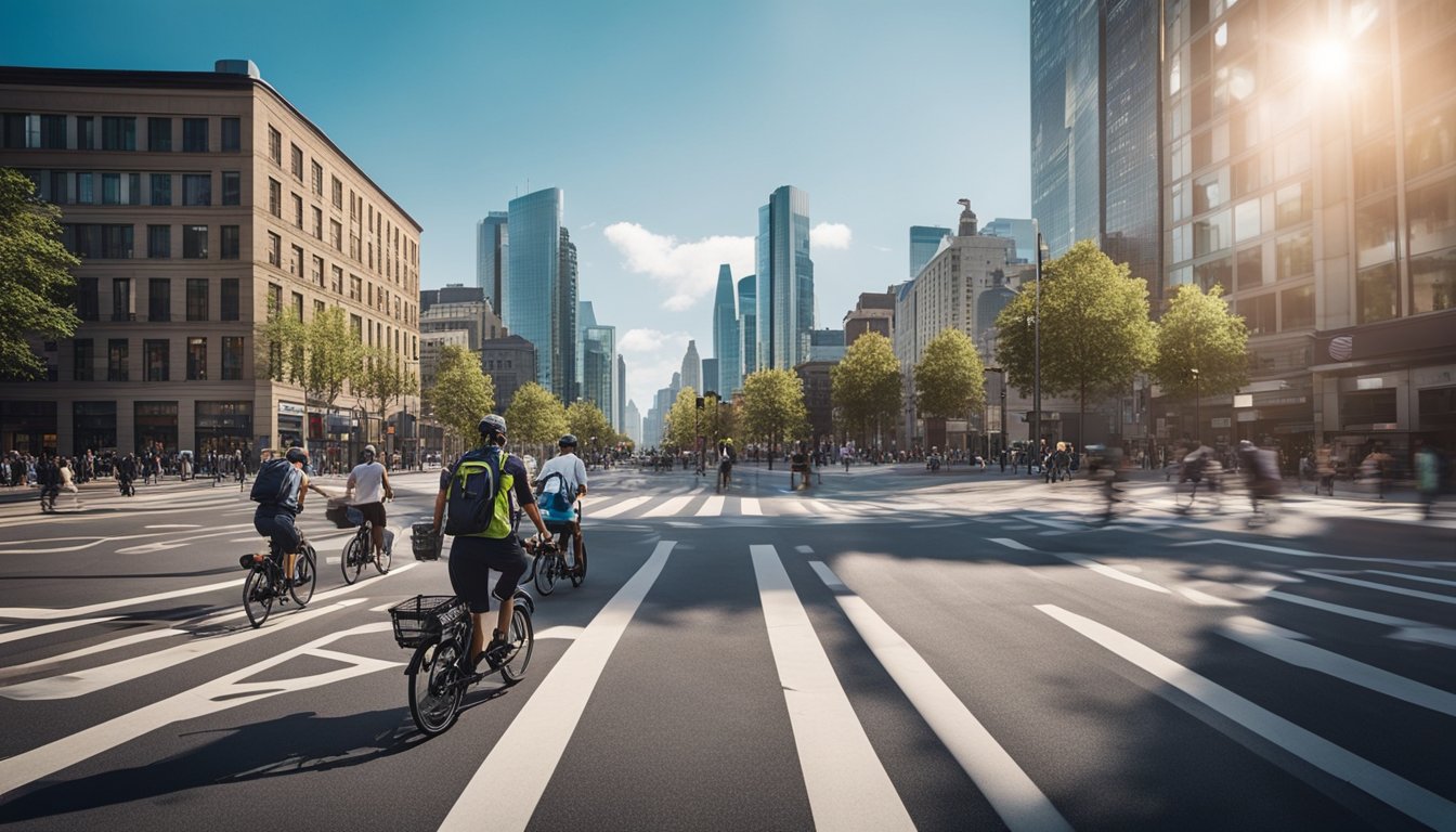 A bustling city street with cyclists, electric scooters, and pedestrians, all surrounded by eco-friendly transportation options like bike lanes and electric vehicle charging stations