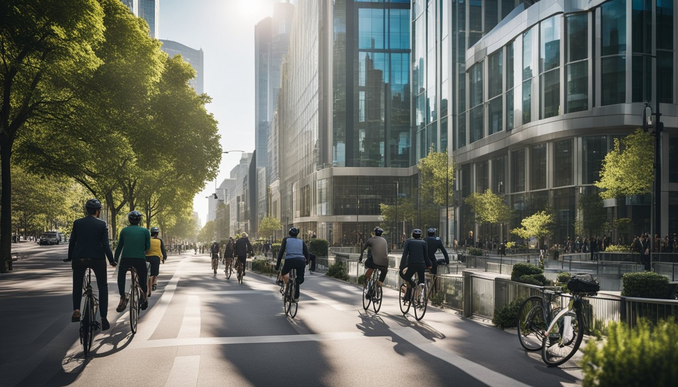 A bustling city street with cyclists, pedestrians, and electric vehicles. Office buildings display signs promoting green commuting