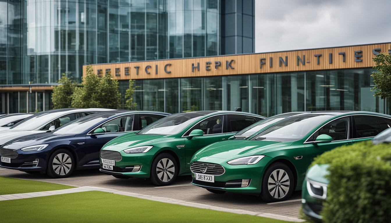 A fleet of electric vehicles parked in front of a modern office building, with charging stations and solar panels visible. A sign reads "Green Fleet Financing Options for UK Businesses."