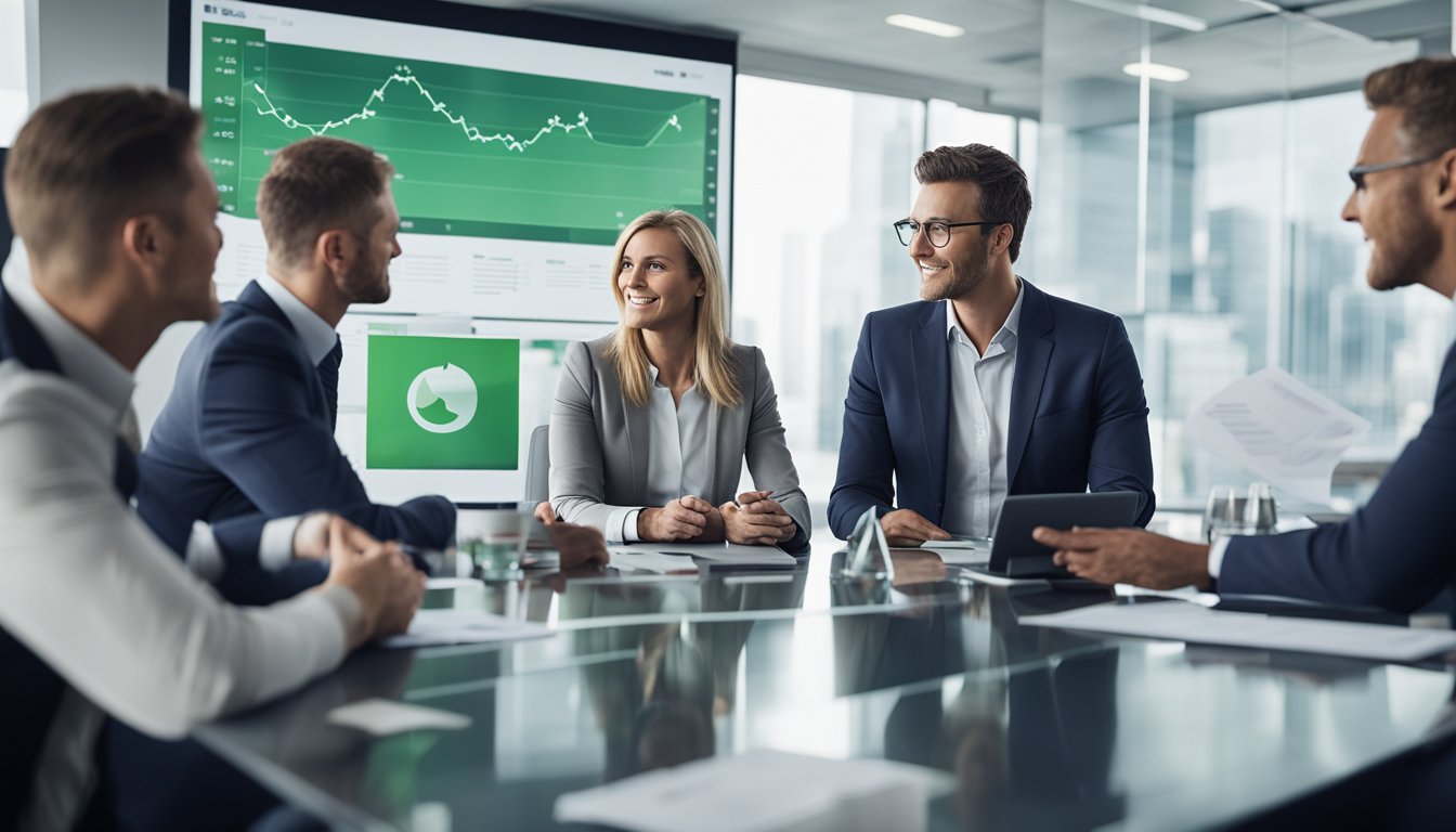 A group of UK business owners discussing green fleet financing options in a boardroom setting, with charts and graphs displayed on a large screen