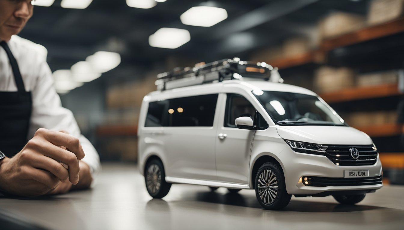 A small business owner examines different electric van models, comparing features and specifications