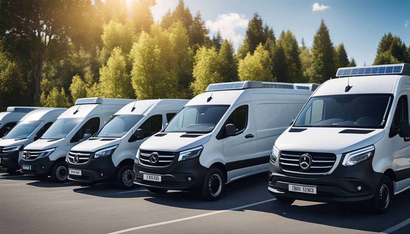 Electric vans lined up, showcasing various features and advancements. Charging stations and solar panels in the background. Ideal for small business use