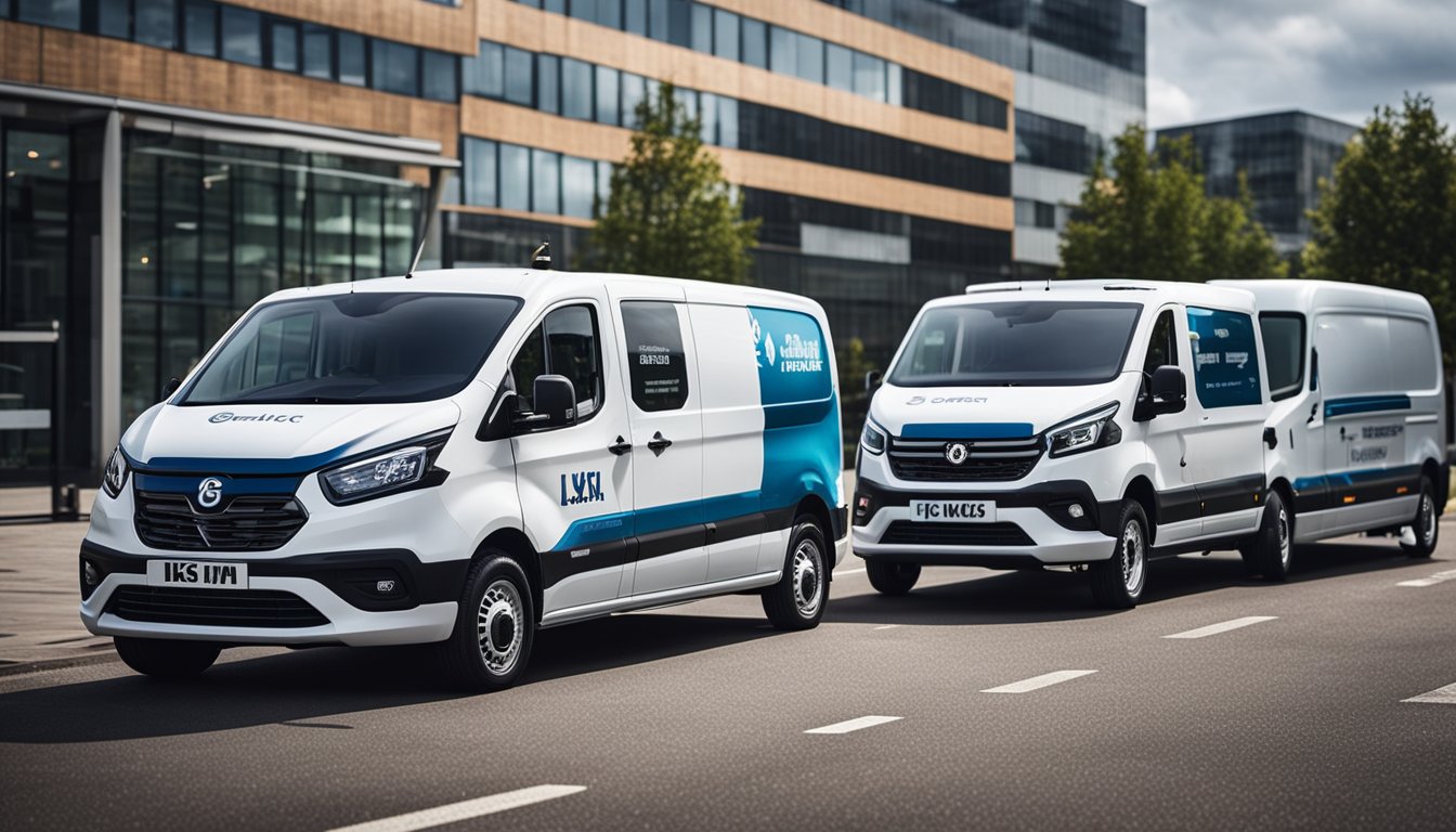 A lineup of top electric vans, with UK small business logos, against a city backdrop