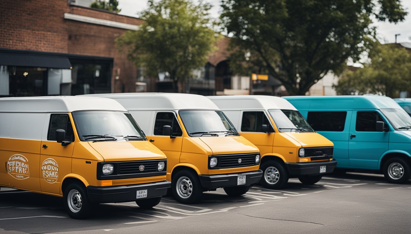 A line-up of electric vans parked in front of a row of small businesses, with a "Frequently Asked Questions" sign displayed prominently