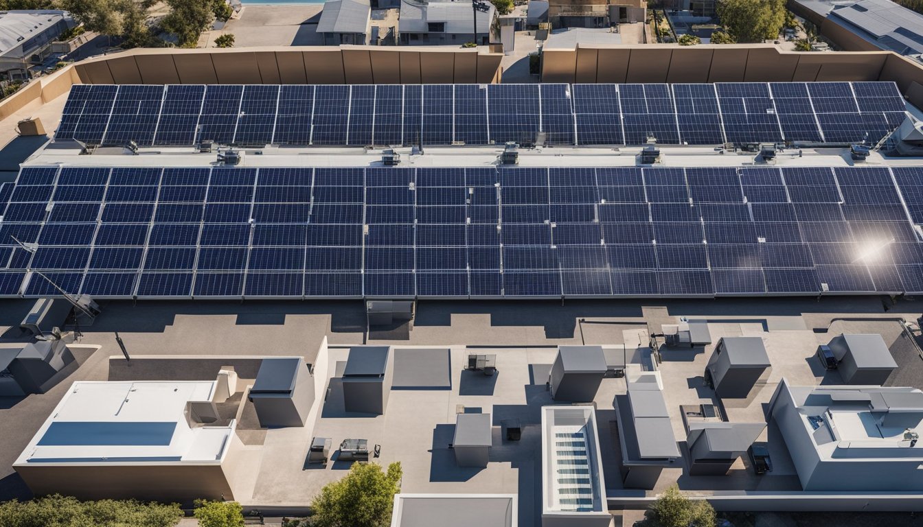 Solar panels on rooftops of businesses, with battery storage units integrated. Reduced energy costs and environmental impact