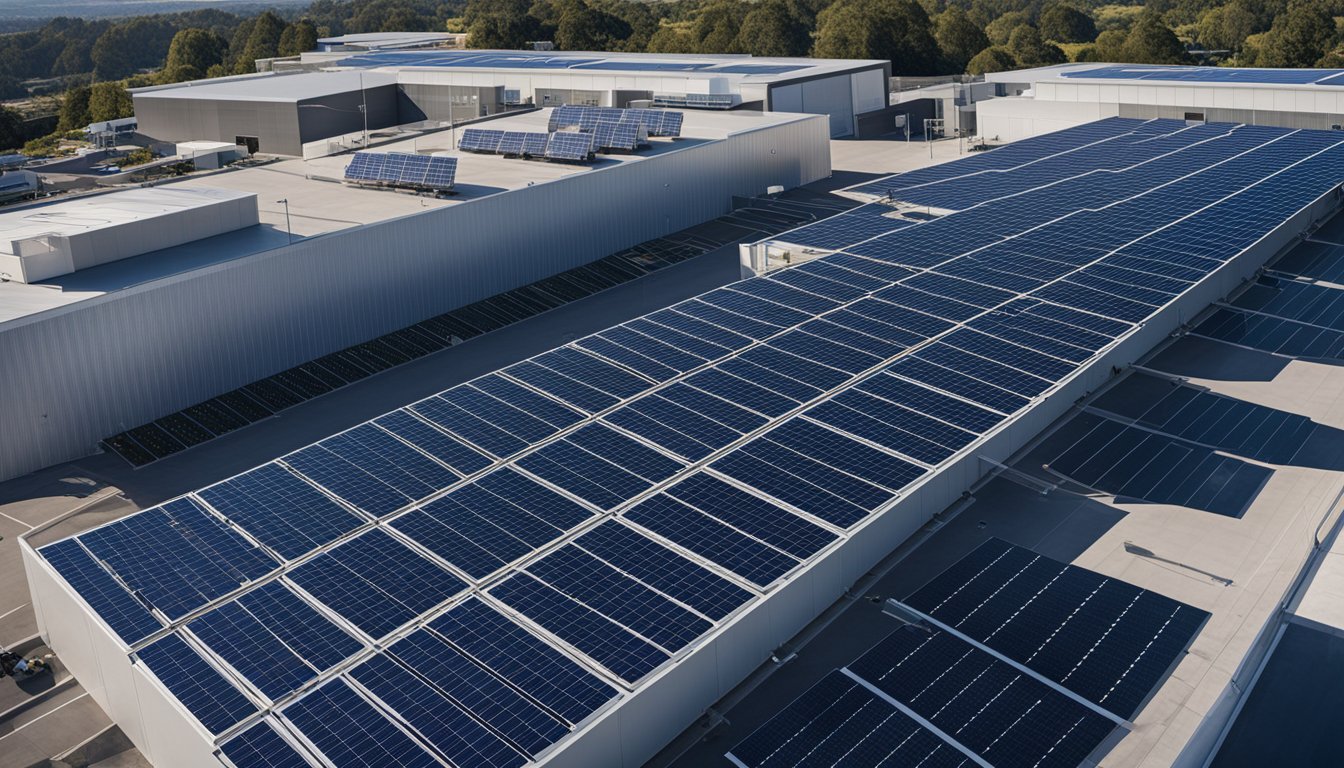 Solar panels on a commercial building with battery storage system integrated. Clear signage with "Frequently Asked Questions" displayed